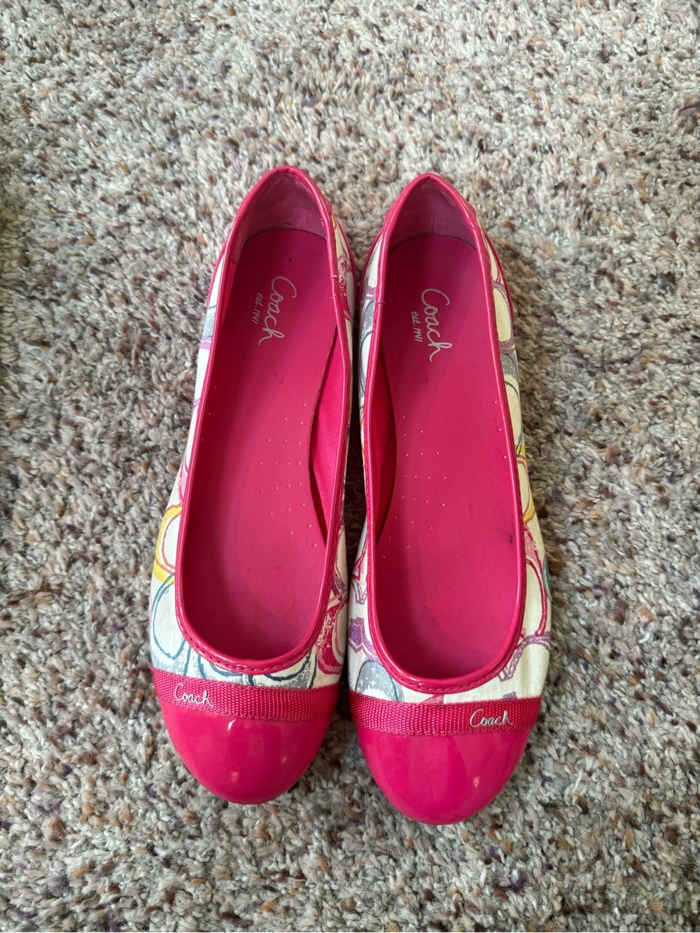 Coach Multicolor Signature Canvas Flats with Pink Patent Cap